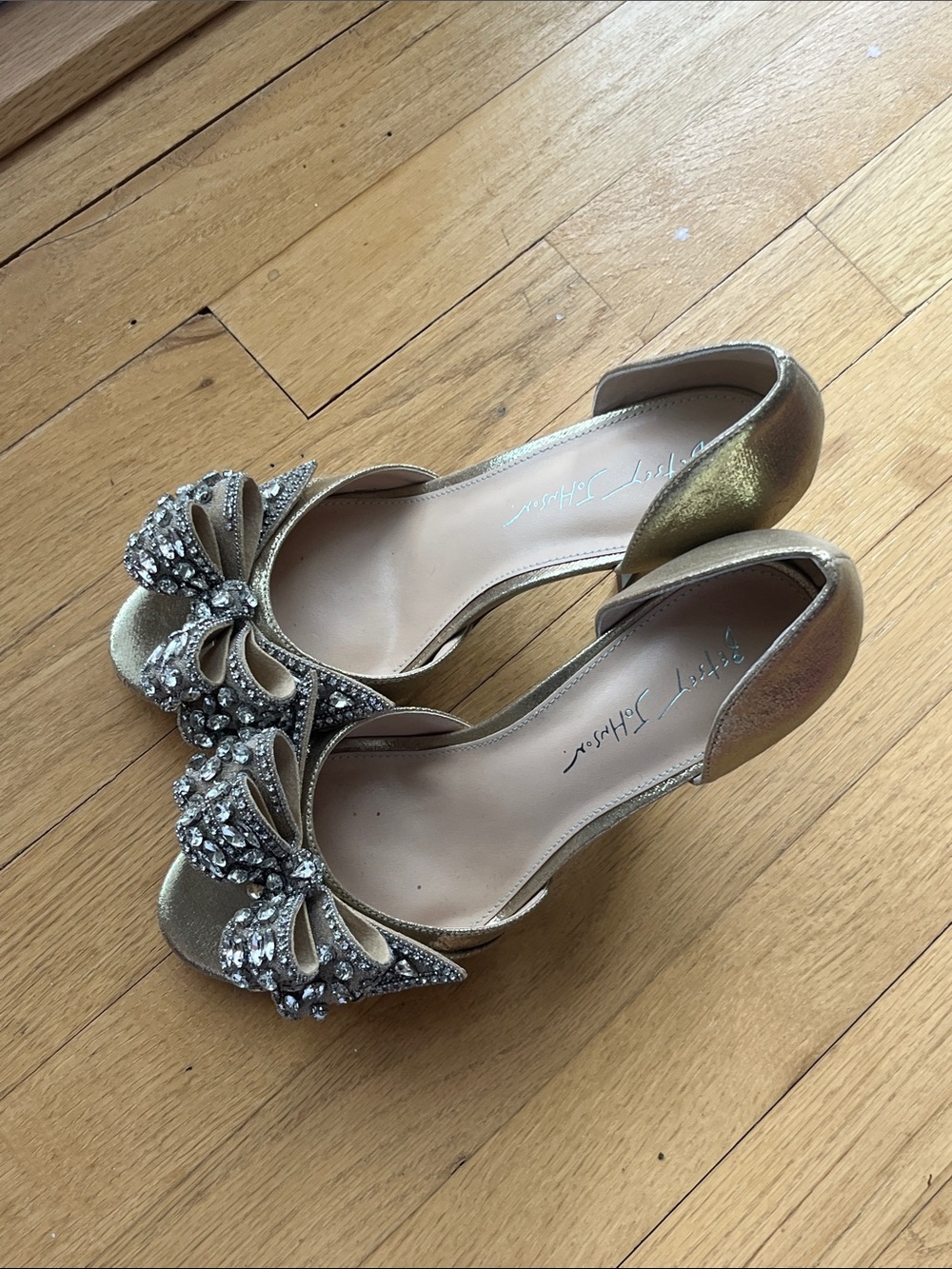 Bejeweled Gold Peep-Toe Heels with Bow Accent